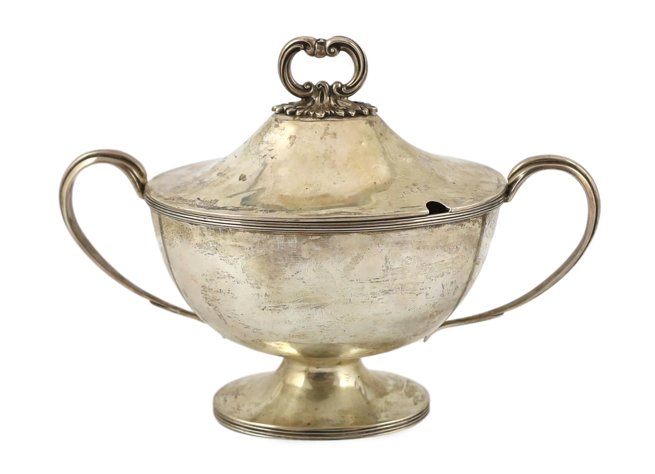 An early Victorian silver oval pedestal two handled sauce tureen, by Creswick & Co